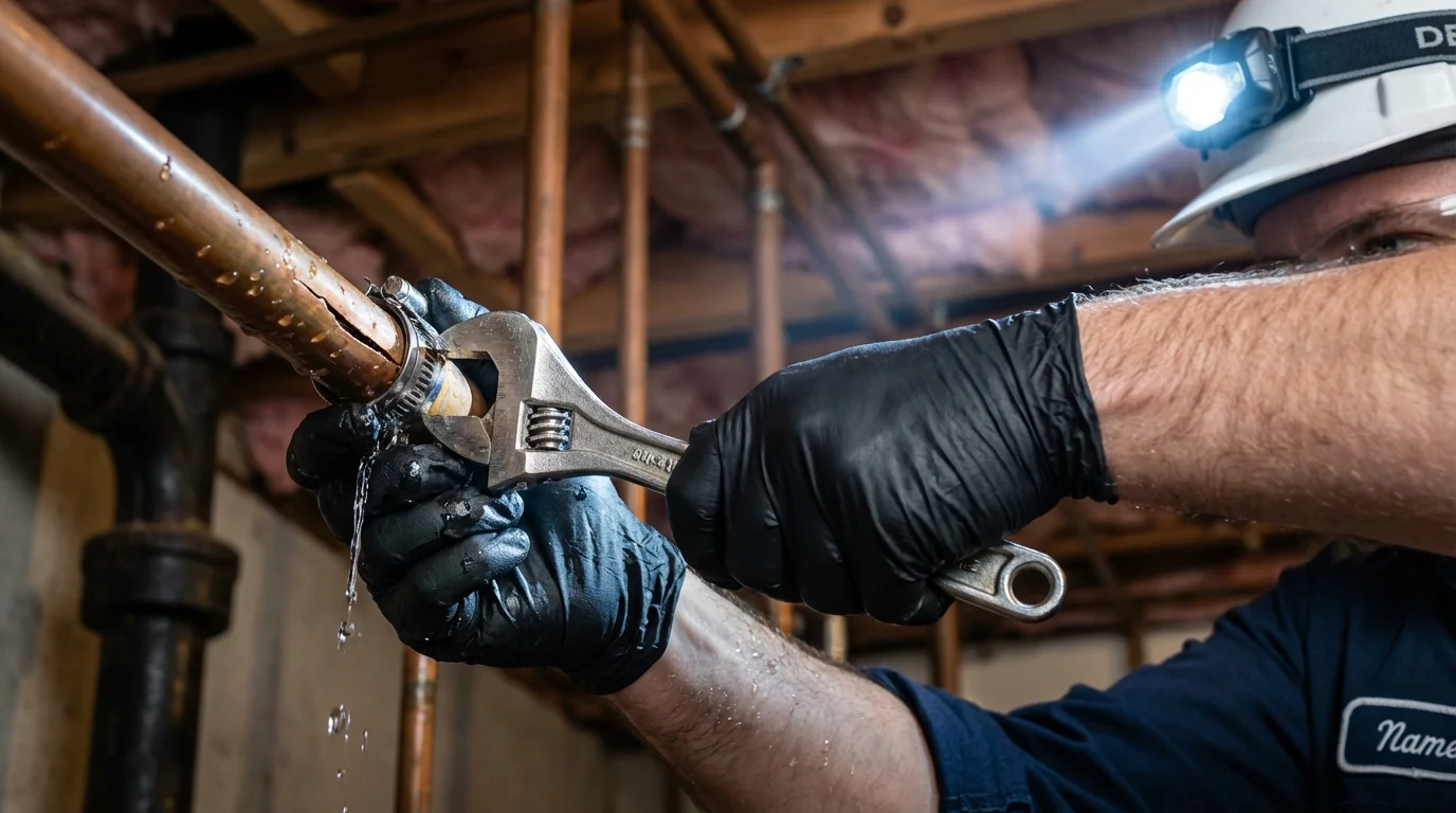 Emergency pipe clamp repair being performed by a Johns Plumbing LLC plumber in La Plata