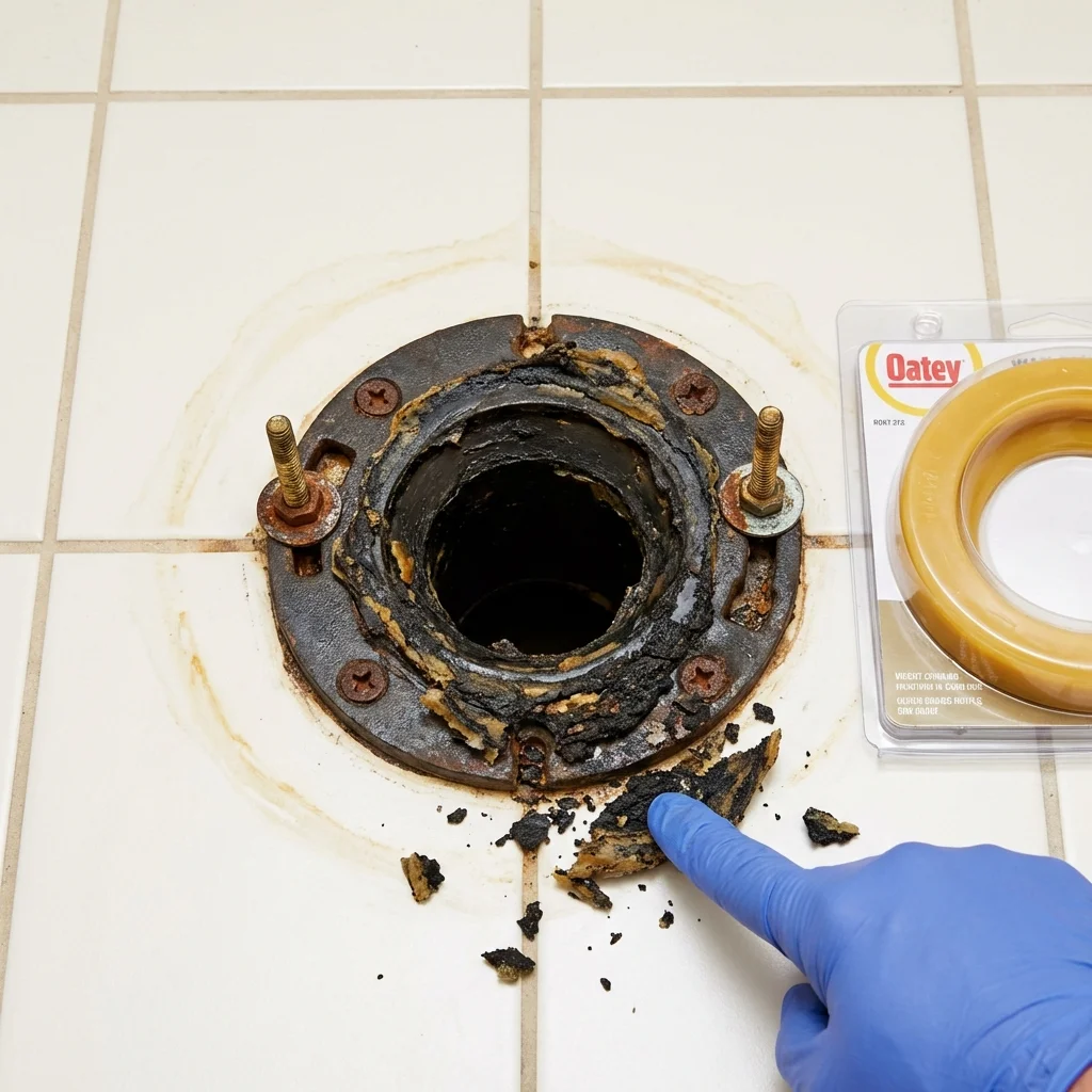 Failed wax ring showing water seepage at the base of a toilet in a La Plata, MD home