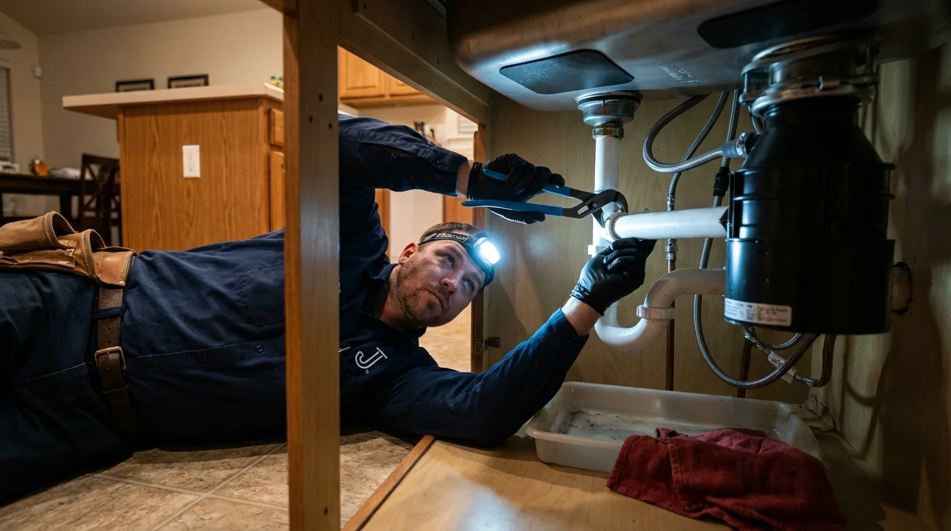 P-trap and supply line connections under a kitchen sink showing a common leak point in La Plata, MD